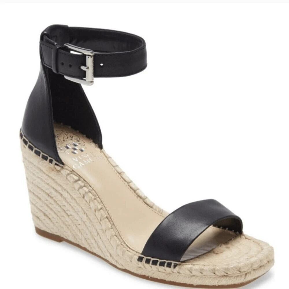 VINCE CAMUTO Black Leather Meddrina Wedge 11 Ankle Closure Espadrille Sandals